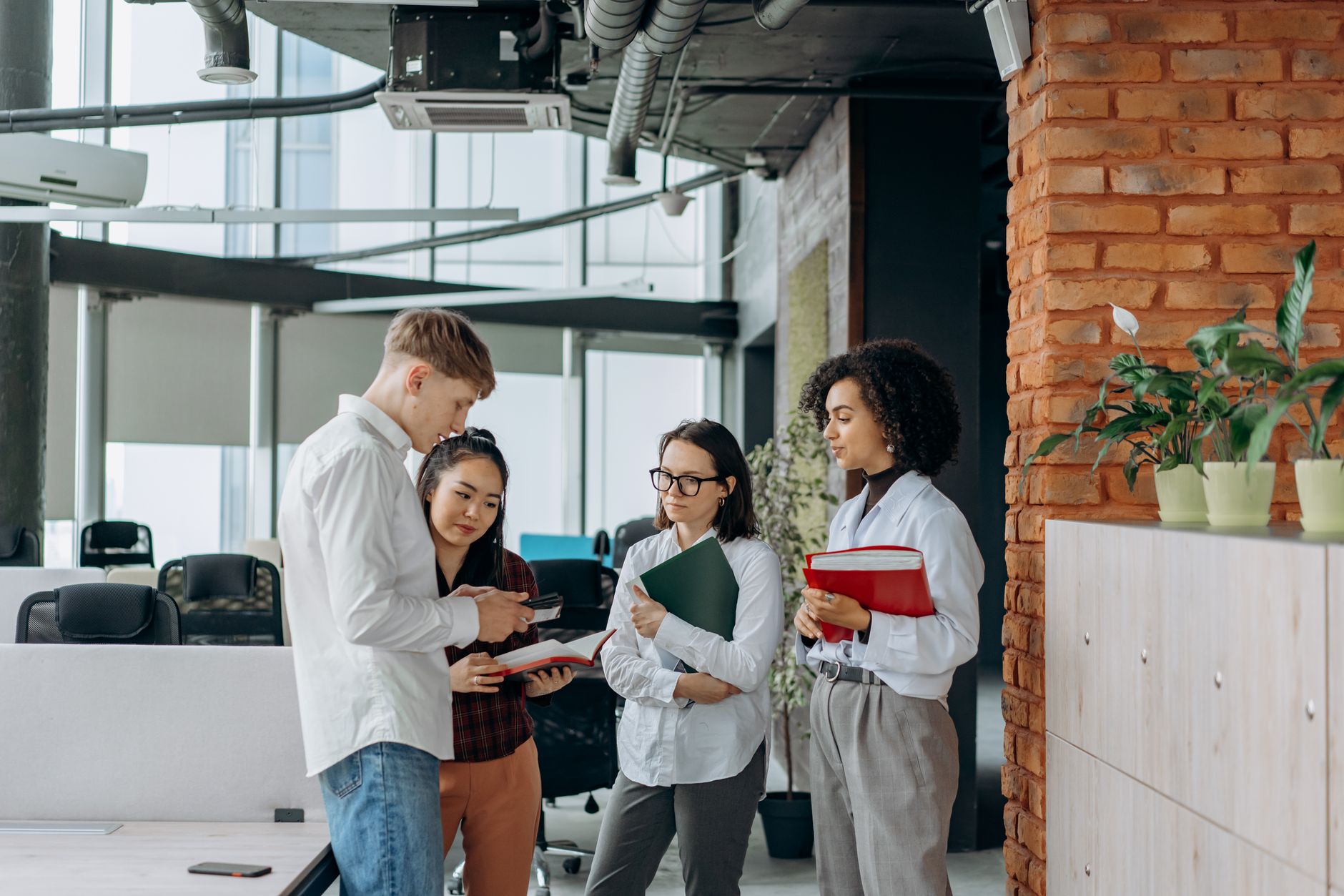 A diverse team collaborating in a modern office